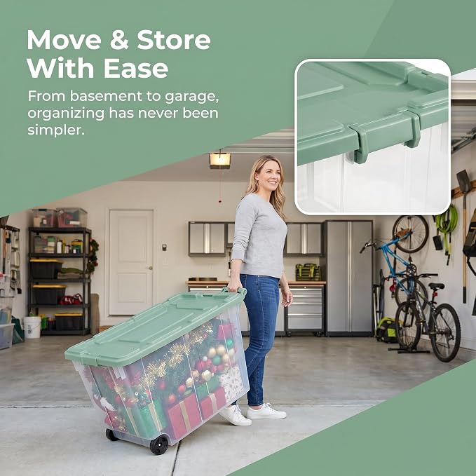 2 Pack 40 Gallon Wheeled Clear Storage Bin With Pull Handle & Latching Lid