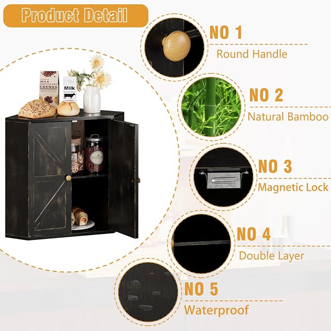 Trironsun Corner Bread Box for Kitchen Counter Double Layer Bamboo Bread Storage Container Large Capacity Bread Storage Bin Farmhouse Breadbox Organizer (Antique Black)