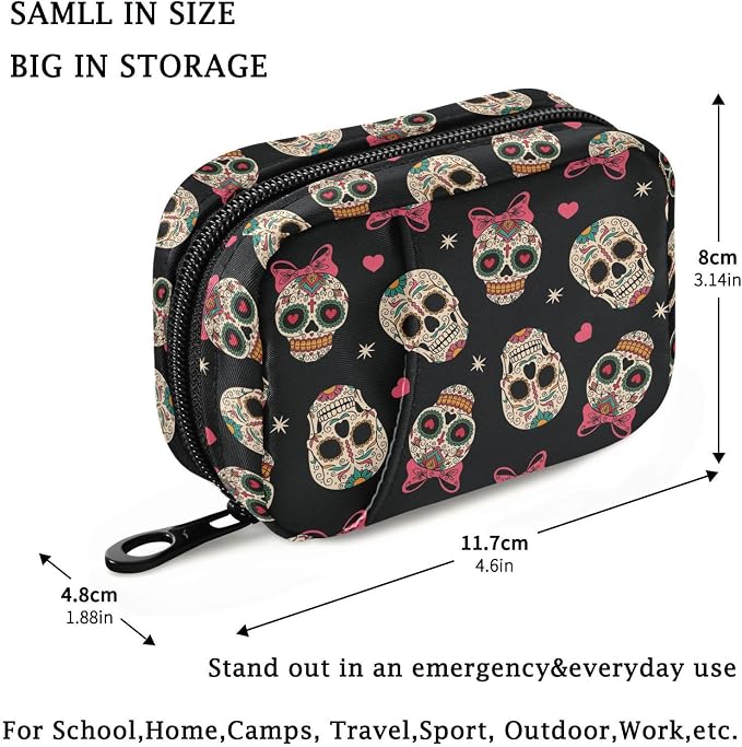 Fustylead Mexican Sugar Skull Wear Bow Tie and Hearts Stars Travel Pill Organizer Bag with Zipper Small Pill Box 7 Day Pill Case for Purse Storage Weekly Vitamin Medicine Supplement