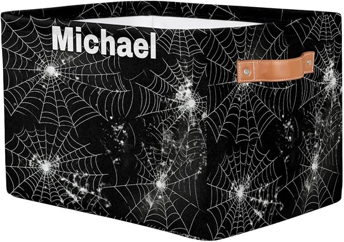Custom Name Storage Bin, Personalized Rectangular Storage Basket with Handles for Organizing Boys Girls Toys Office Closet Shelf Baskets, Spider Web Black White