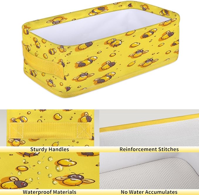 Yellow Bee Print Bathroom Storage Basket Waterproof Foldable Storage Bins with Handles Decorative Toilet Paper Storage Basket for Organizing for House Bathroom Toiletries