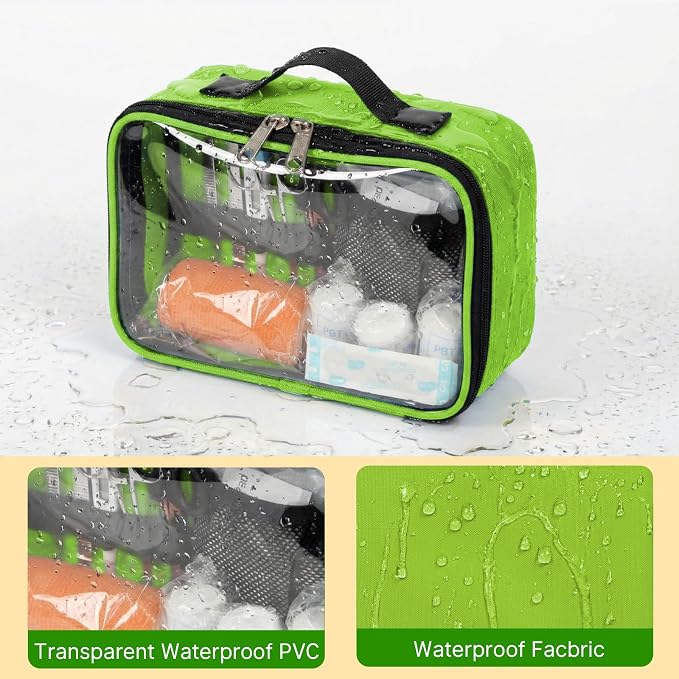 Empty First Aid Bag Clear PVC Waterproof Organizer Pouch Zipper Colored First Aid Kit for EMT Outdoor Travel (Green)
