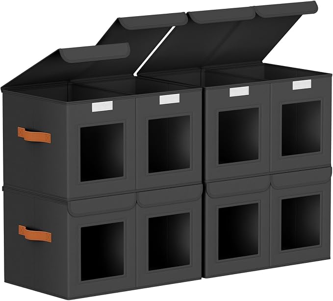 Homsorout Large Closet Storage Bins - Collapsible Divided Clothes Organizer with Lids & Dual Window, Fabric Organizing Bins for Clothes, Sweater, Bedroom, Office (Black, 4 Pack)