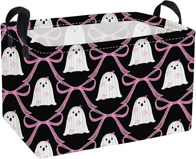Essme Rectangular Halloween Basket,Ghost Storage Bins Organizer with Handles for Room Decor, Gift Basket,Shelf Basket.(Bow Ghost)