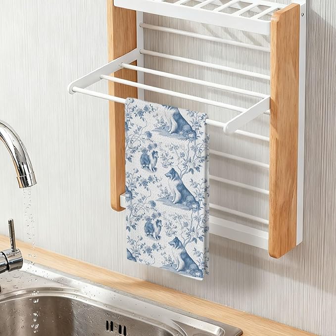 Shetland Sheepdog Kitchen Dish Towels,Blue and White Floral Dog Towel Dish Tea Towels, Chinoiserie Decor for Kitchen Bathroom,Shetland Sheepdog Gifts for Dog Lover Mom Dad,16x24 Inch