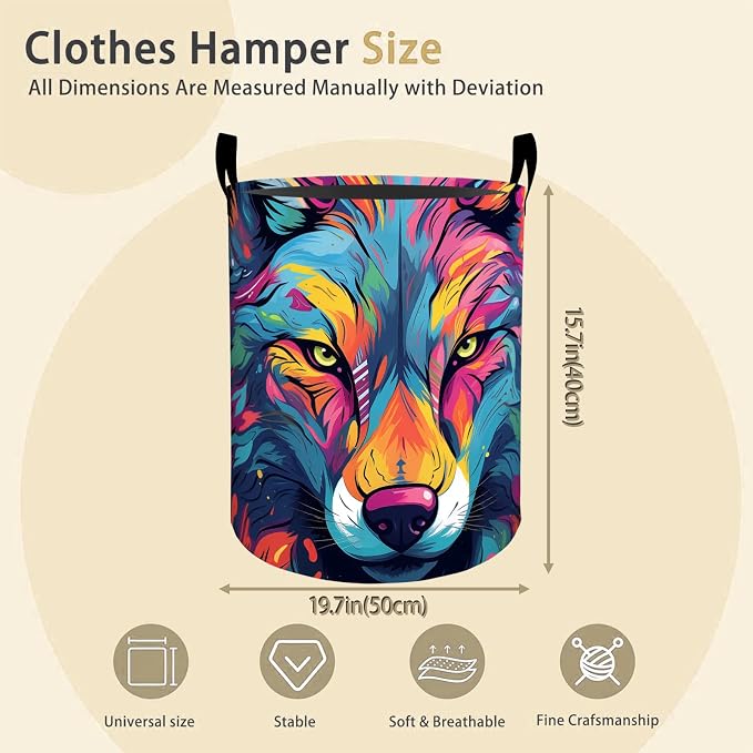 Colorful Wolf Laundry Basket Hamper for Boys Girls Kids Adults, Foldable Waterproof Oxford Clothes Storage Bin, Wild Animal Art Organizer for Bedroom Bathroom Room Decor 19.7"x15.8"