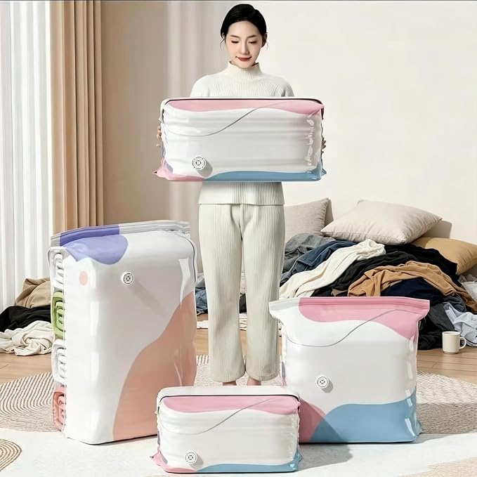No‑Pump Vacuum Storage Bags,Press & seal, No Pump Needed,Large Cube Vacuum Seal Bags,Reusable Space Saving Compression Bag,Saves 80% Space,Keeps Clothes Dry & Dust‑Free (2Pcs-S)