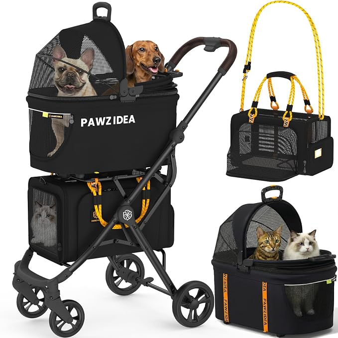 PAWZIDEA Double Pet Stroller with 2 Detachable Carrier, Multifunctional | Portable Travel Crate & Car Seat Combo & TSA-Approved Expandable Carrier, Foldable Jogger Stroller for 2–4 Cats or Small Dogs