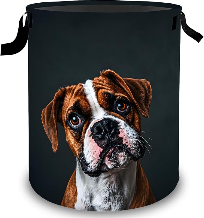 Boxer Dog Laundry Basket Hamper, Organizer Bins Gifts for Women Kids, Cute Pet Portrait Foldable Waterproof Clothes Hamper Handles Storage Bucket for Bedroom Bathroom Room Decor 19.7"x15.7"