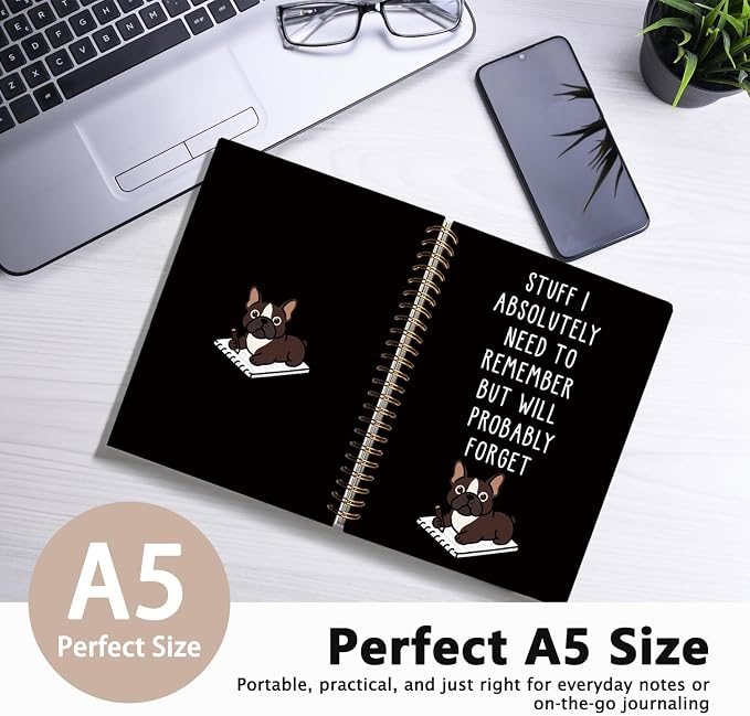 LIANGW Funny French Bulldog Notebook Journal Gifts for Women & Men | Frenchie Gifts for Women, for Coworkers, Black Hardcover Spiral Notebook 5.5x8.3 Inch