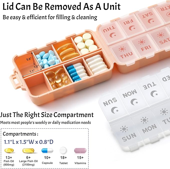 Foldable Weekly Pill Organizer 2 Times a Day with 2 Extra Compartments - Etched Labels - Portable 7 Day AM PM Medicine Box, Week Daily Travel Pill Case Holder Dispenser for Vitamin, Supplement - Pink