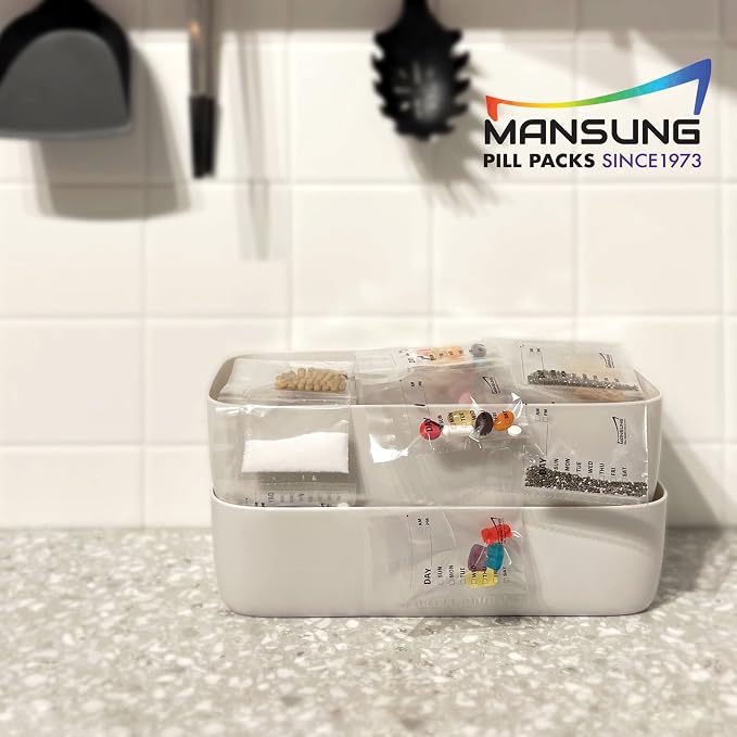 Mansung M 600 Bags/Week, Heat Seal Pill Bag pouche Pack Sealed for Medicine Funnel Tray Loading AM PM Organizer Dispenser kit Daily Sealing Filler Vitamin sorter envelopes Machine Blister Packs