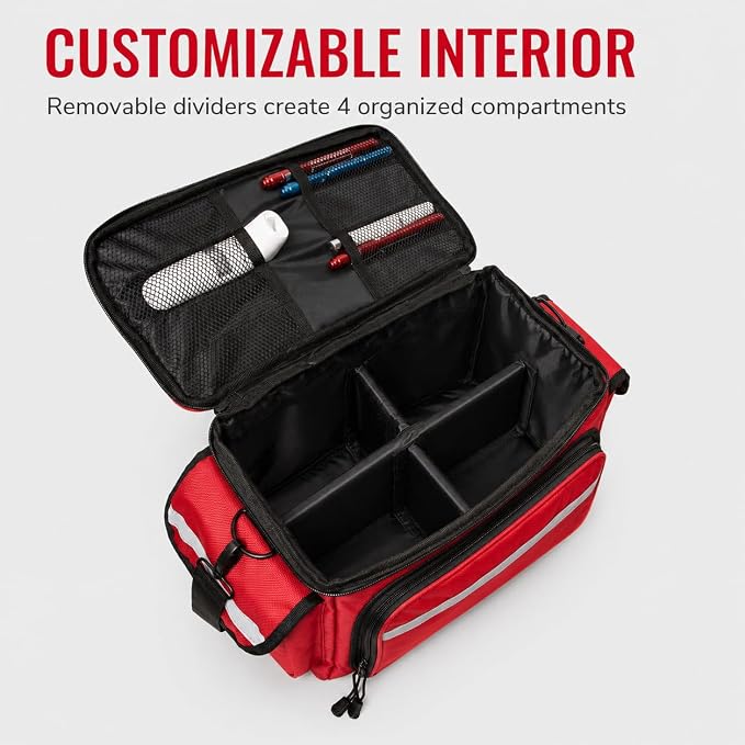 NOVAMEDIC Professional Red Empty Trauma First Aid Medical Bag, 15"x10"x9", Multi Compartment First Responder Carrier for EMT, Paramedics, Emergency and Medical Supplies Kit