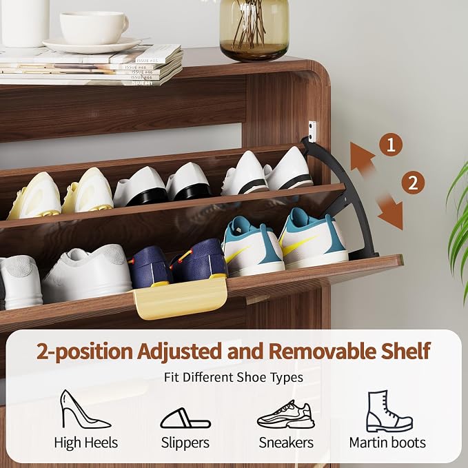 Shoe Storage Cabinet with 4 Flip Drawers for Entryway, 47.4" Freestanding Hidden Shoe Rack Cabinet, Narrow Shoe Organizer for Hallway, Foyer (Walnut, 4 Doors)