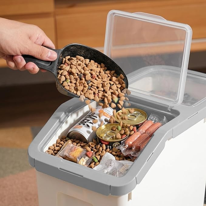 RUIAN Airtight Pet Food Storage Container, Grey, 2Pcs | Airtight pet food bin holds 10-20lb kibble; includes measuring cup & handle; BPA-free plastic; stackable; available in grey