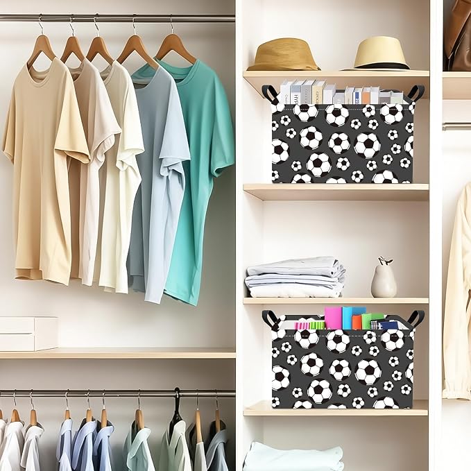 Rectangular Soccer Ball Storage Bin,Closet Organizer Basket | Waterproof fabric, reinforced handles, foldable bin holds apparel, sports gear and belongings for teen‑boy bedrooms