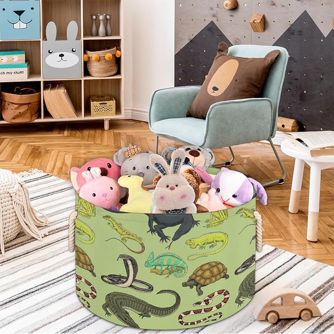 Storage Baskets - Amphibians Large Nursery Organizer Bin Box with Handles Collapsible Round Snakes Laundry Hamper for Kids Boy Toys Blanket, Bedroom Living Room Home Decor Gift Basket (19.4"x13.3")