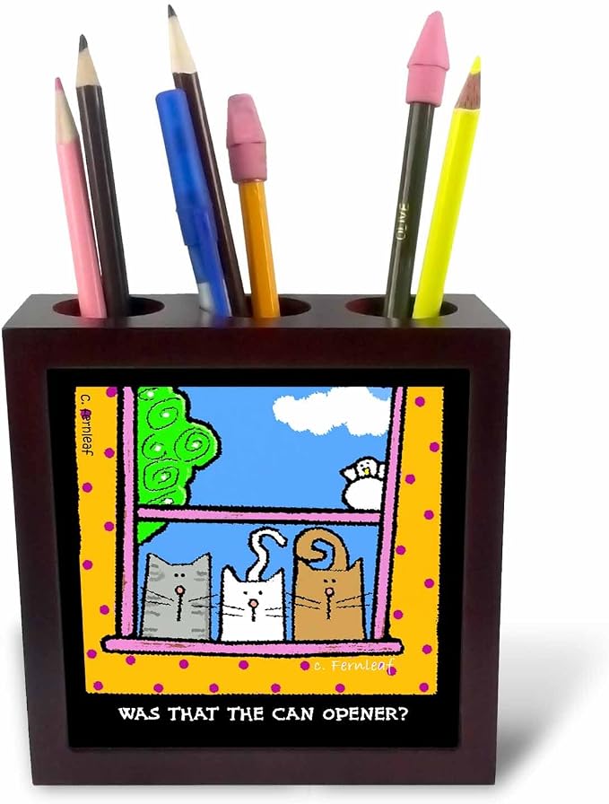 3dRose ph_36671_1 Can Opener Cartoon Cats, Cats, Cat, Funny Cats, Kittens Pets, Funny Pets, Animals-Tile Pen Holder, 5-Inch