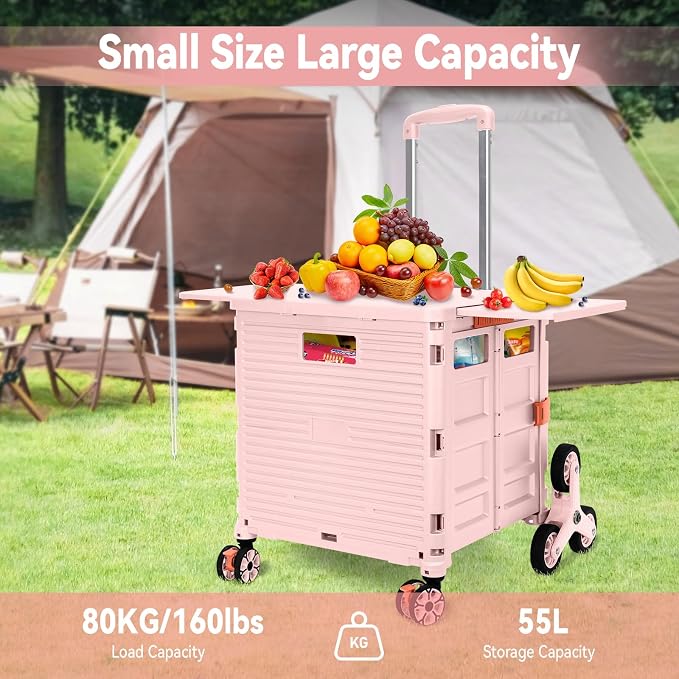 Foldable Utility Cart Portable Crate Rolling Dolly with Telescopic Handle,Can be Pulled diagonally, Magnetic Retractable Lid, 360°Swivel Climbing Wheels for Shopping Carrying Groceries Move Pink