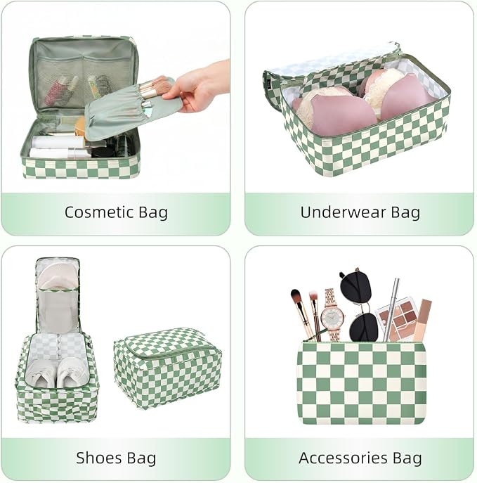 BAGAIL 8 Set Packing Cubes Luggage Packing Organizers for Travel Accessories-Matcha checkered