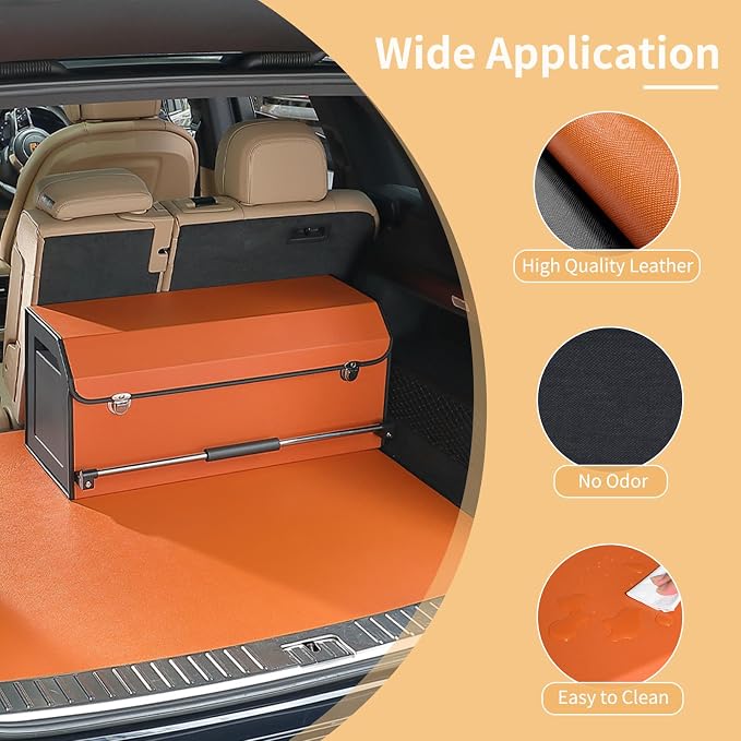 Car Trunk Organizer Leather Car Storage Organizer with Lid Car Organizer | Suv Trunk Organizer with Sturdy Handle Car Cargo Storage Box for Minivan, Sedan, Jeep (Orange, 27 x 11.4 x 12.2in)