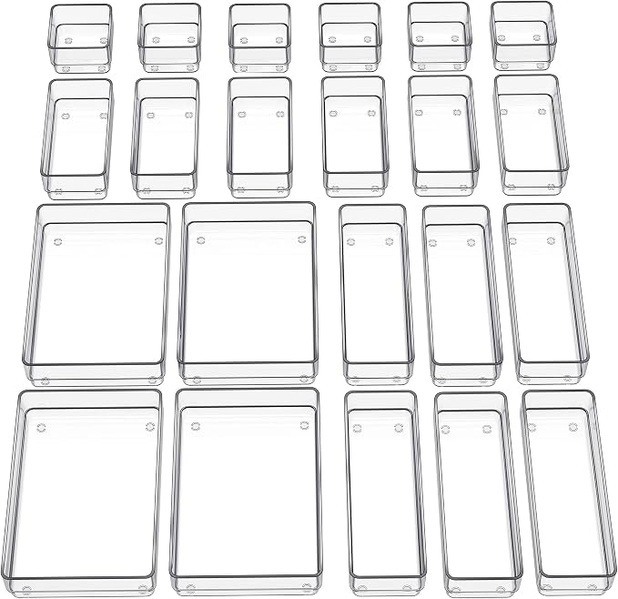 SMARTAKE 22 PCS Drawer Organizer, 4-Size Desk Bathroom Drawer Organizer | 4-Size Storage Tray with Non-Slip Silicone Pads for Makeup, Jewelries, Utensils in Bedroom Dresser, Office and Kitchen, Clear
