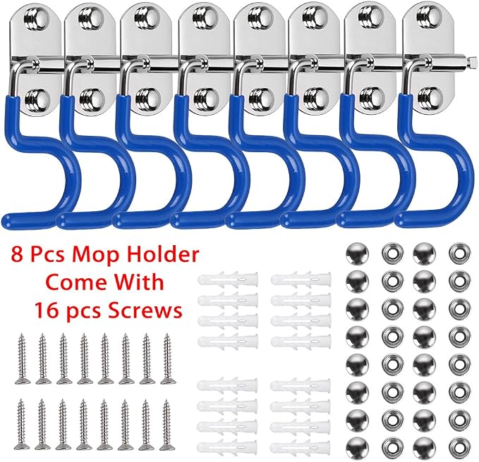 Sumnacon Mop Broom Holder Organizer, 8 Pcs S-Type Wall Mounted Cleaning Tools Organizer, Space Saver Brooms Mops Rakes Hooks Rack, Stainless Steel Heavy Duty Brooms Mops Hook for Kitchen Garage