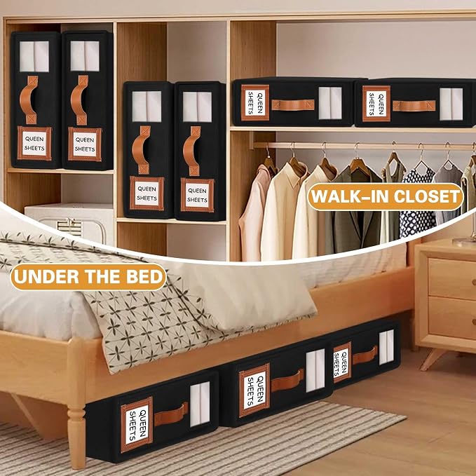 Bed Sheet Organizers and Storage, 4Pack Foldable Organizer for Linen Closet | 800D Thickened Fabric, Clear Window & Labels, Leather Handle, Dust & Moisture Proof, Fits King & Queen Sheet Sets