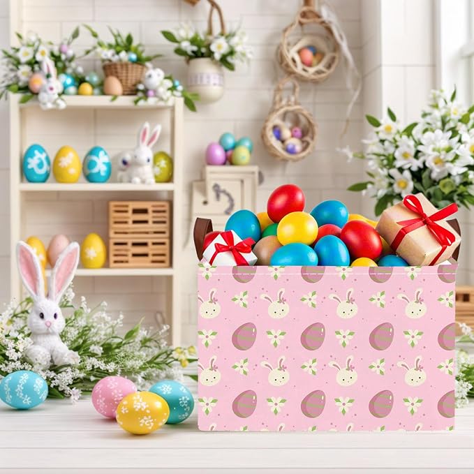 Large Cute Easter Basket for Kid Empty Gift Baby Rectangle Storage Bin Bunny Eggs Boy＆Girl Room Décor (Rabbit Pink Flower Egg)
