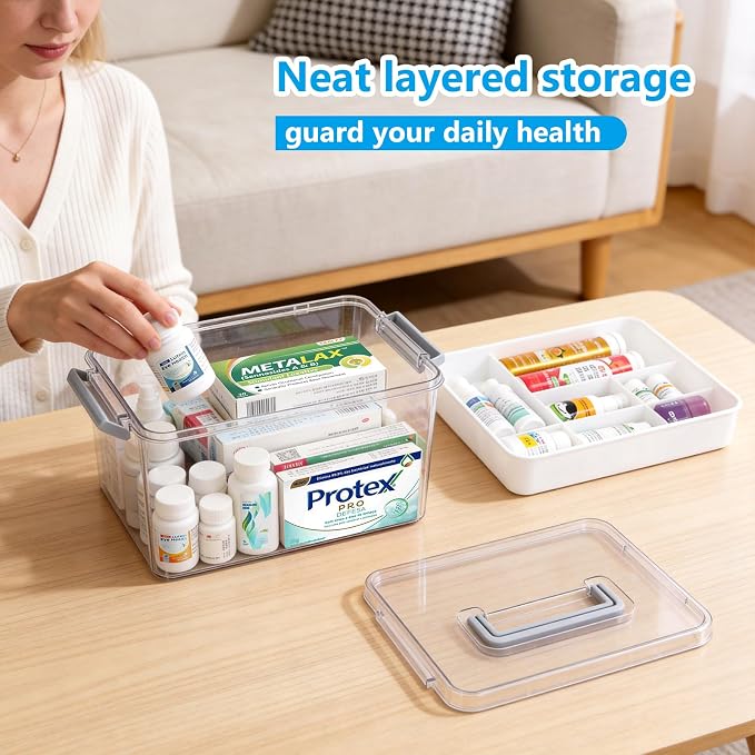 Plastic Medicine Storage Organizer & First Aid Box, Medicine Box with Handles, Multipurpose Medical Supply Organizer with Removable Tray for Home, Office & Travel (X)