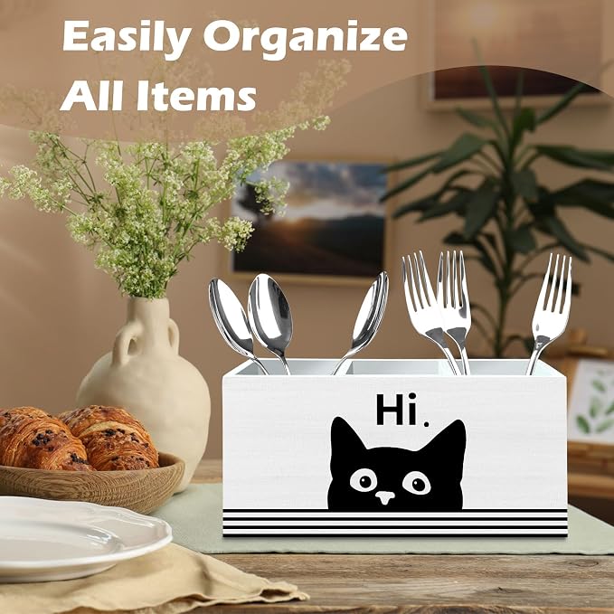 DILSJ Funny Black Cat Pen Pencil Holder Organizer for Desk, Black Cat Lovers Gifts for Women Men, Gifts for Pet Lovers, Hi Funny Kitten Wooden Box Signs for Home Office Desk Tabletop Decoration