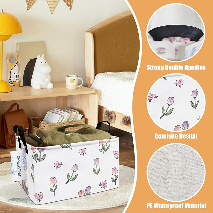 Rectangular Collapsible Romantic Tulip Storage Basket Nursery Organizer | Storage Bin Foldable Canvas with Handles for Organizing Home Kitchen Children Toys Office Closet Shelf Baskets