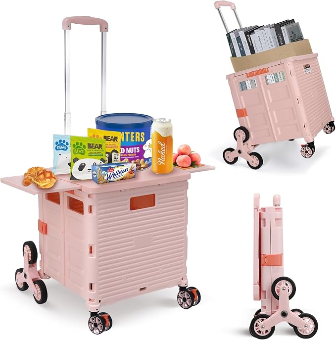Foldable Utility Cart Collapsible Portable Crate Rolling Carts with Stair Climbing Wheels Tote Basket with Magnetic Lid Telescopic Cover Wear-Resistant 360°Rotate Wheel Noiseless for Shopping Office