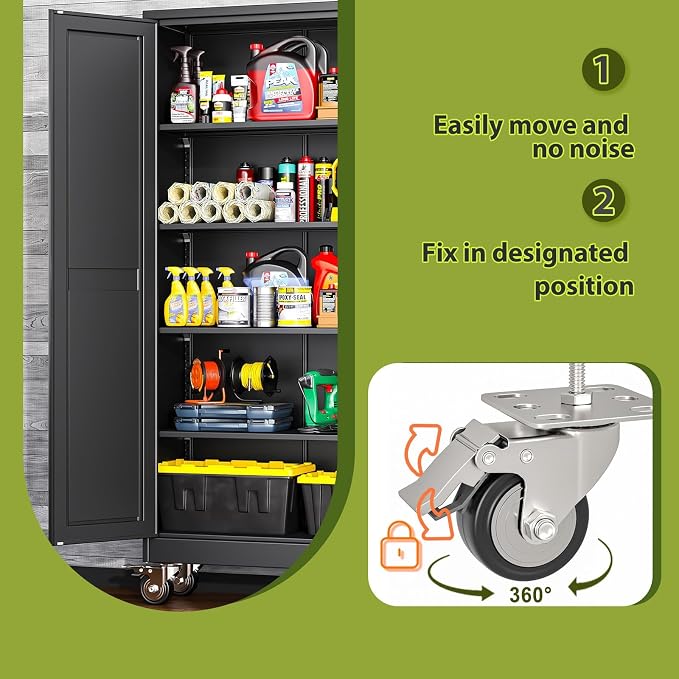 61-Inch Metal Garage Storage Cabinet with Wheels, Locking Doors and Shelves | 3 Adjustable Shelves, Locking Doors, Magnetic Closure, 360° Casters, Anti-Tip Kit, Cold-Rolled Steel