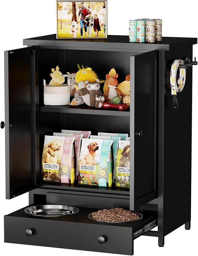 Dog Feeding Station with Storage, Metal Dog Food Storage Cabinet with 2 Elevated Bowls and 3 Hooks, Pet Feeding Station and Dogs Food Storage Organizer
