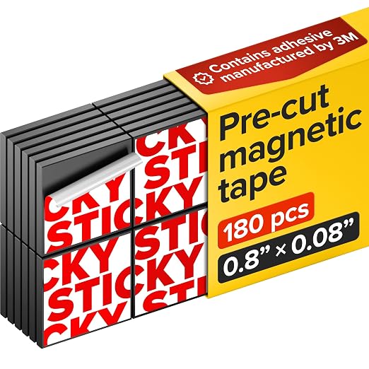 Pre-Cut Adhesive Magnetic Tape Squares, 0.8"x0.08" (20x2mm), 180 pcs | Sticky Magnetic Tape Squares, Flexible, Easy to Use, No Cutting Needed, For Whiteboard, Fridge, Crafts & School