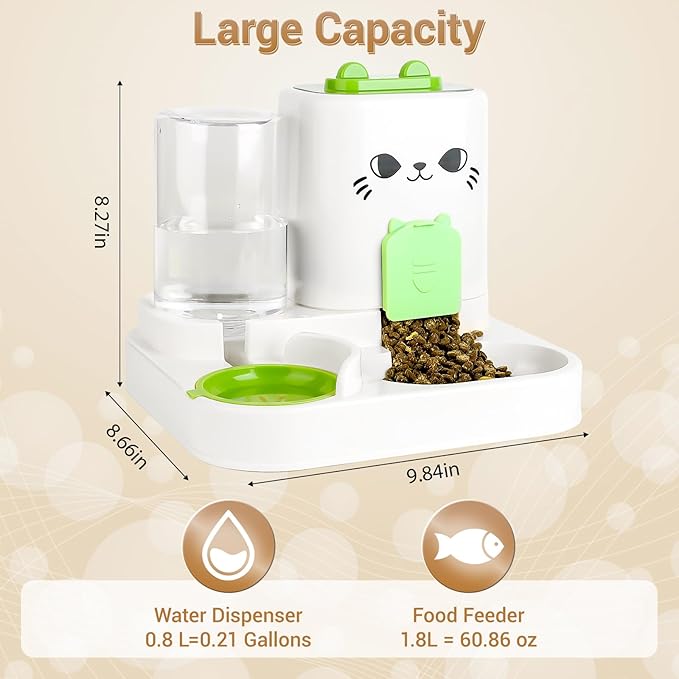 Gravity Pet Feeder Water Dispenser Combo for Cats & Dogs – 2-in-1 Automatic Food & Water Station, Large Capacity, Non-Slip Base, Easy to Clean, Travel Ready (Green)