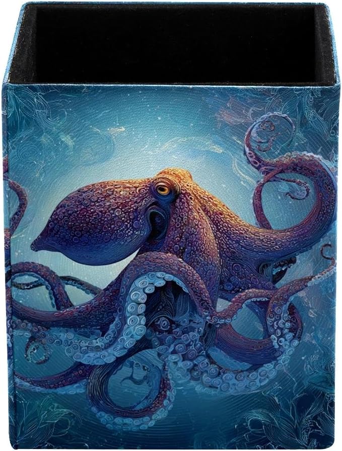 octopus Pen Holder for Desk Decor, Rectangular PVC Leather Pencil Cup for Desk Pen Organizer, Makeup Brush Holder for School, Home, Office
