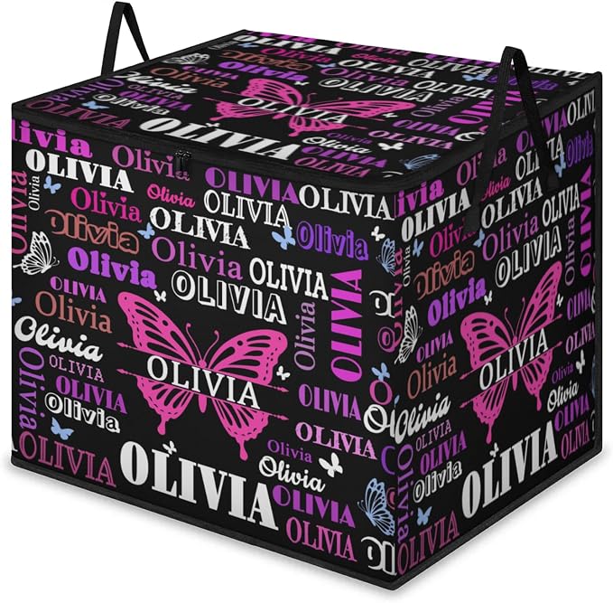 Personalized Extra Large Storage Basket with Lid, Comforters, Bedding Toys Black with Pink Purple Butterflies Storage Bin for Home, Collapsible Basket for Clothes, Moving, Car Trunk