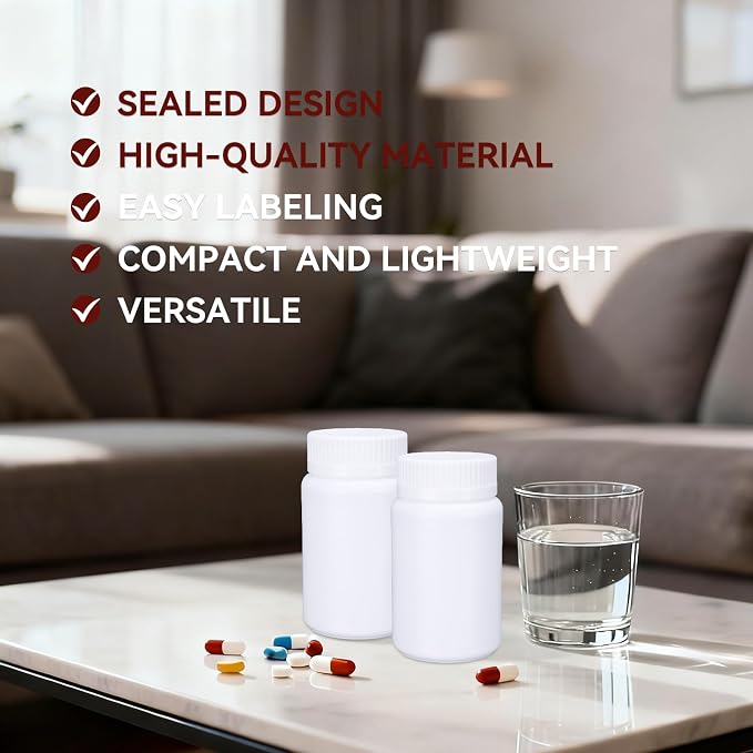 ASEVAT 8 Pack 3.4 oz Travel Pill Bottles - White Food Grade Plastic with Screw Caps & Labels, Small Pill Organizer for Pills, Vitamins, Capsules