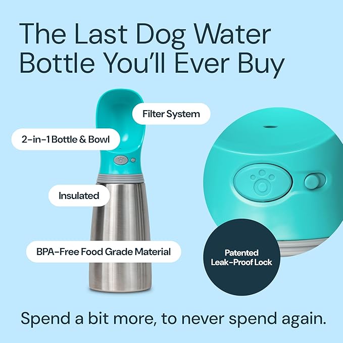 MalsiPree Leak Proof Stainless Steel Portable Dog Water Bottle - 24 oz, Blue Water Dispenser for Pets - Outdoor Dog Travel Water Bottle -