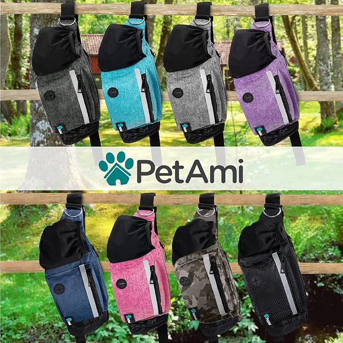 PetAmi Dog Fanny Pack, Treat Pouch for Dog Walking Training, Camo Black | Built in Poop Bag Dispenser, Water Bottle Holder, Collapsible Bowl, Pet Treat Waist Belt for Hiking Running Kibbles