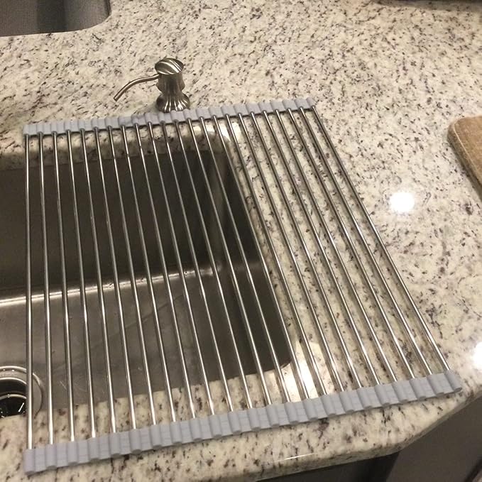 Ahyuan Roll up Dish Drying Rack Over The Sink Kitchen Roll up Sink Drying Rack Portable Dish Drainer Foldable Dish Drying Rack (Warm Gray, 20.5''X16.9'')