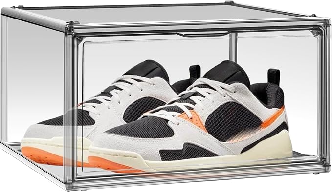 12 Pack Black Acrylic Shoe Boxes, Space-Saving Everyday Sneaker Storage | Size 12, SPACE-SAVING STACKABLE DESIGN – Build upward to organize shoes while using less closet, shelf or floor space.