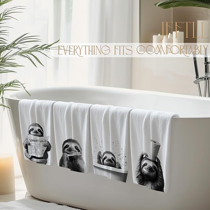 Funny Sloth Bathroom Hand Towels, Sloth Gifts for Women, Animal Lover Gifts, Black and White Cute Animal Hand Towels for Bathroom Washroom Restroom Decor, 16x24 Inch, Set of 4