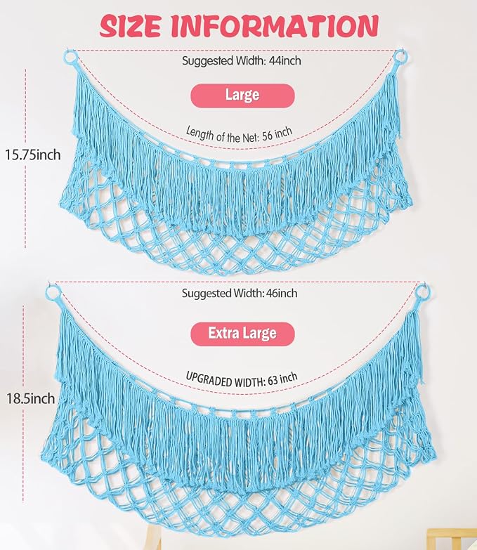Stuffed Animal Hammock - Extra Large 63'' Long (Blue) | Premium Cotton Hand-knitted, Beautiful Long Tassel, Storage Hanging Organizer, Can Fit Stuffed Animals 40 Piece or More
