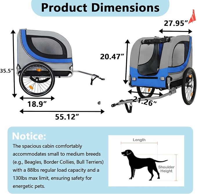 Large Dog Bike Trailer with 18.9" Wheels - 120LB Capacity Dog Trailer for Bike, Foldable Pet Bike Trailer for All-Terrain Cycling, Jogging & Camping