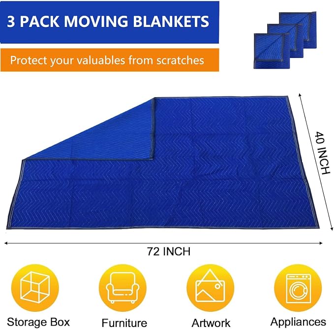 3 Pack Moving Blankets 40x72in Heavy Duty Padded Packing Blankets for Moving Shipping Protecting Furniture Professional Quilted Furniture Blankets for Moving Supplies