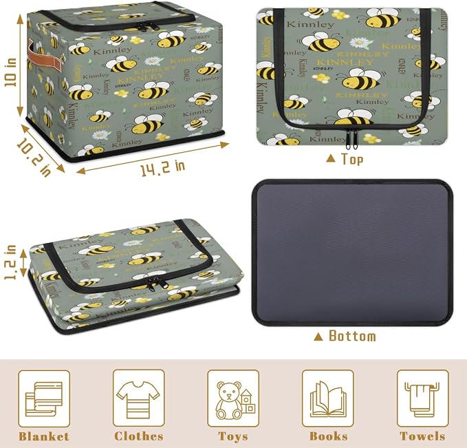 Custom Storage Baskets for Home with Name, Cartoon Bee with Daisy Floral Dark Matcha Green Large Foldable Organizer Collapsible Storage Bin with Zipper Lid Handle for Toys Closet Nursery