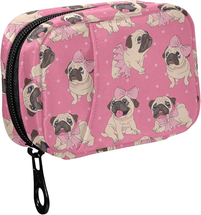 Fustylead Cute Cartoon Pugs Puppies in Pink Ballerina Tutu Bow and Dots Pill Organizer for Purse, Weekly Portable Pill Box with Zipper to Storage Vitamins Fish Oils Medications Supplements